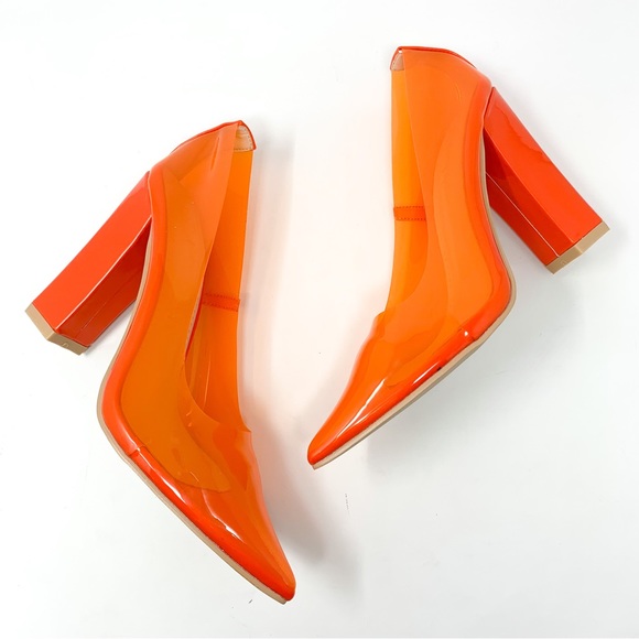 NEW Nasty Gal Clear Vinyl Patent Pointed Toe Block Heel Pumps Orange Retro 36 - Picture 1 of 8